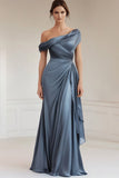 Grey Blue Satin Pleated One Shoulder Mother of the Bride Dress