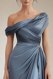 Grey Blue Satin Pleated One Shoulder Mother of the Bride Dress