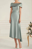 Satin Grey Boat Neck Mother of the Bride Dress with Belt