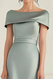 Satin Grey Boat Neck Mother of the Bride Dress with Belt