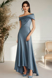 Grey Blue One Shoulder Satin Asymmetrical Mother of the Bride Dress