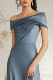 Grey Blue One Shoulder Satin Asymmetrical Mother of the Bride Dress