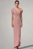 Pink Chiffon V Neck Mother of the Bride Dress with Short Sleeves