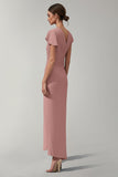 Pink Chiffon V Neck Mother of the Bride Dress with Short Sleeves