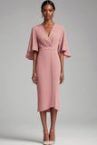 Chiffon Sheath V Neck Pink Midi Mother of the Bride Dress with Bell Sleeves