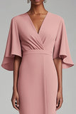 Chiffon Sheath V Neck Pink Midi Mother of the Bride Dress with Bell Sleeves