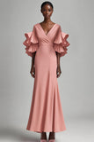 Pink Sheath V Neck Mother of the Bride Dress with Tiered Sleeves