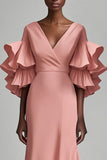 Pink Sheath V Neck Mother of the Bride Dress with Tiered Sleeves