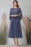 Elegant Grey Blue A Line Mother Two-Piece Set Dress