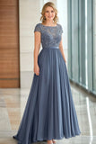 Elegant Grey Blue A Line Cap Sleeve Mother Of Bride Dress With Lace Appliques