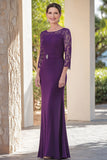 Dark Purple Lace Satin Belted Sheath Scoop Mother of the Bride Dress with 3/4 Sleeves