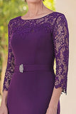 Dark Purple Lace Satin Belted Sheath Scoop Mother of the Bride Dress with 3/4 Sleeves