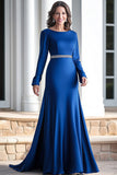 Satin A Line Royal Blue Scoop Long Sleeve Mother of the Bride Dress with Beaded Belt