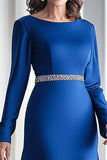 Satin A Line Royal Blue Scoop Long Sleeve Mother of the Bride Dress with Beaded Belt