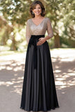 Sparkly Champagne Black A-Line Sequined Top Long Sleeves V Neck Long Mother of the Bride Dress