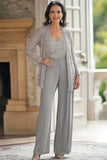 Grey V Neck Bodycon Lace Party Jumpsuit with Lace Coat