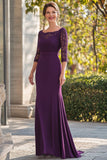 Dark Purple Mermaid 3/4 Sleeves Laced Long Mother of the Bride Dress