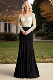 Champagne Black Mermaid Illusion Neck Long Sleeves Mother of the Bride Dress with Appliques