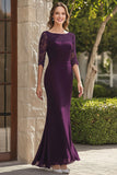 Dark Purple Lace Chiffon Mermaid Mother of the Bride Dress with 3/4 Sleeves