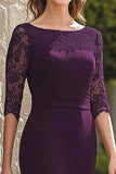 Dark Purple Lace Chiffon Mermaid Mother of the Bride Dress with 3/4 Sleeves