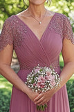 Dusty Rose A-Line Sequined Short Sleeves Chiffon Long Mother of the Bride Dress