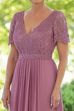 Dusty Rose Chiffon A Line V Neck Lace Mother of the Bride Dress with Short Sleeves