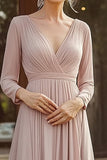 Chiffon V Neck Champagne Mother of the Bride Dress with 3/4 Sleeves