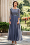 Dusty Blue Boat Neck Chiffon Lace Half Sleeve Mother of the Bride Dress