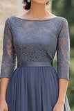 Dusty Blue Boat Neck Chiffon Lace Half Sleeve Mother of the Bride Dress