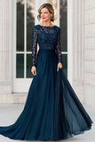 Navy A-Line Lace and Chiffon Long Sleeve Mother of the Birde Dress