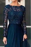 Navy A-Line Lace and Chiffon Long Sleeve Mother of the Birde Dress