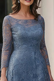 Dusty Blue Lace A-Line Long Sleeves Midi Mother of the Bride Dress