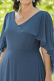 Dusty Blue Chiffon V-neck A-Line Long Mother of the Bride Dress