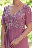 Chiffon Dusty Rose V-Neck Mother of Bride Dress with Half Sleeves