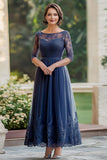 Elegant Navy Lace A Line Mother of The Bride Dress with Half Sleeves