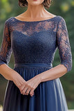 Elegant Navy Lace A Line Mother of The Bride Dress with Half Sleeves