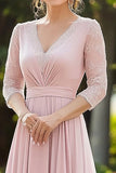 Pink Elegant Lace Chiffon Mother Of the Bride Dress with 3/4 Sleeves