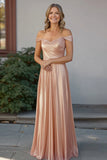 Champagne A Line Off The Shoulder Ruched Long Mother Of Bride Dress