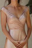 Sparkly Champagne V Neck Ruched Mother Of Bride Dress With Sequins