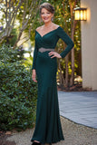 Elegant Dark Green V Neck Long Sleeves Mother Of Bride Dress With Beading