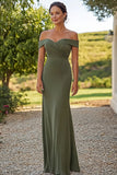 Matte Satin Olive Sheath Off the Shoulder Mother of the Bride Dress