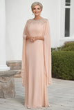 Flutter Sleeves Apricot Chiffon Column Beaded Round Neck Mother of the Bride Dress