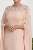 Flutter Sleeves Apricot Chiffon Column Beaded Round Neck Mother of the Bride Dress