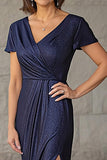 Glitter Navy Fabric Sheath V Neck Short Sleeves Drape Mother of the Bride Dress with Slit