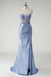 Beaded Blue Satin Ruched Mermaid Prom Dress with Slit