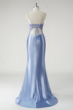 Beaded Blue Satin Ruched Mermaid Prom Dress with Slit