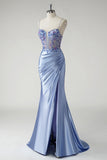 Beaded Blue Satin Ruched Mermaid Prom Dress with Slit