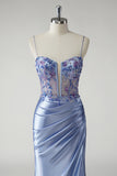 Beaded Blue Satin Ruched Mermaid Prom Dress with Slit