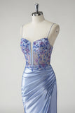 Beaded Blue Satin Ruched Mermaid Prom Dress with Slit