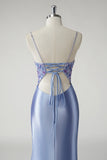 Beaded Blue Satin Ruched Mermaid Prom Dress with Slit